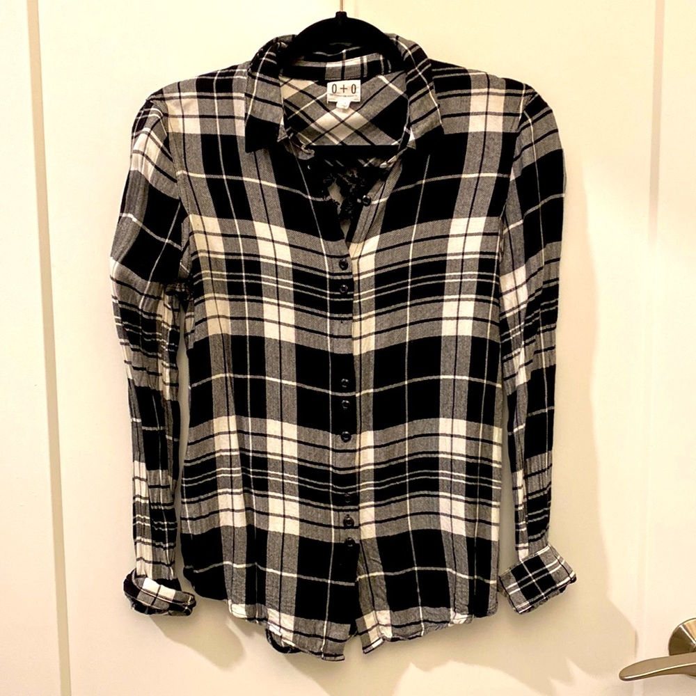 Black & white plaid top with lace, size small